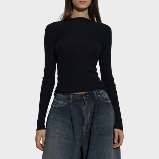 Tasoni Balenciaga navy wool ribbed crew neck sweater worn by a model with blue jeans