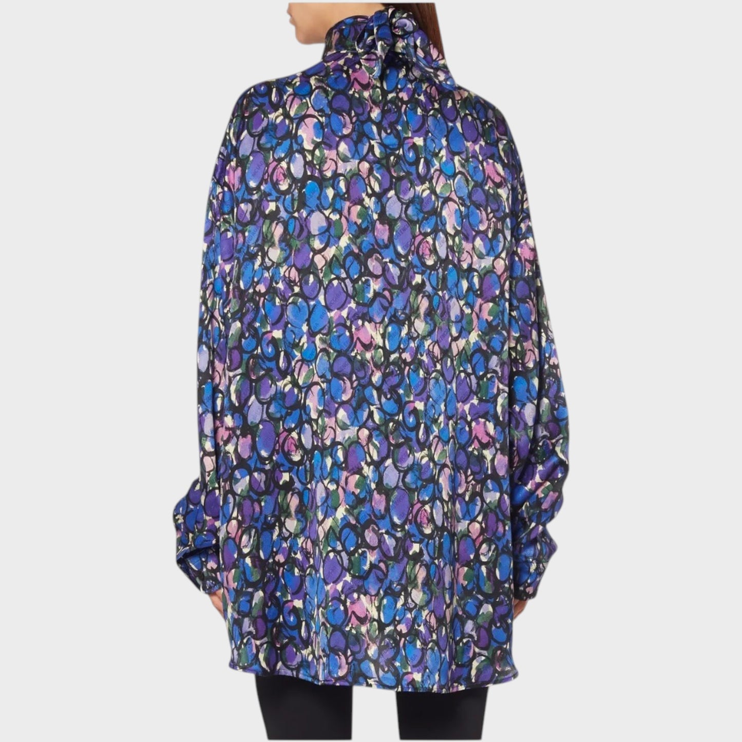 Tasoni Balenciaga black silk jacquard blouse featuring a vibrant blue and purple painted ovals pattern and scarf neck