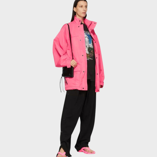 Tasoni Balenciaga bubble-gum pink soft calfskin leather parka with high collar, zip-up front, and drawstring waist.