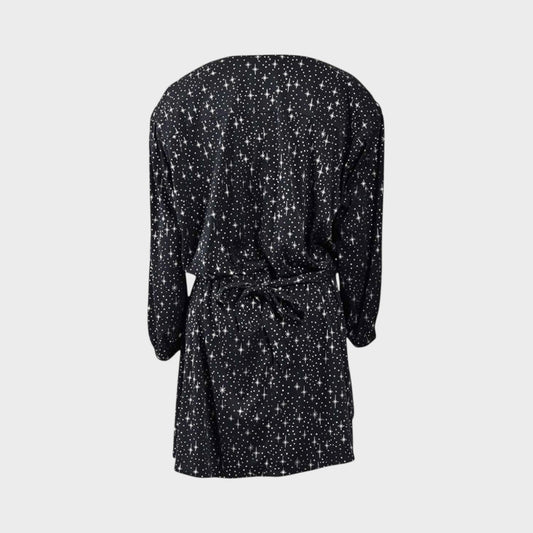Tasoni Balenciaga black mini dress featuring a white star print, V-neckline, and long sleeves, back view.