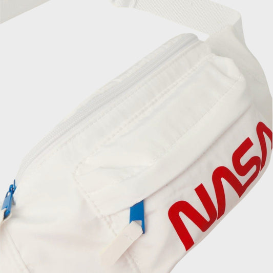 Tasoni Balenciaga white nylon NASA belt pack with red logo and blue zipper pulls
