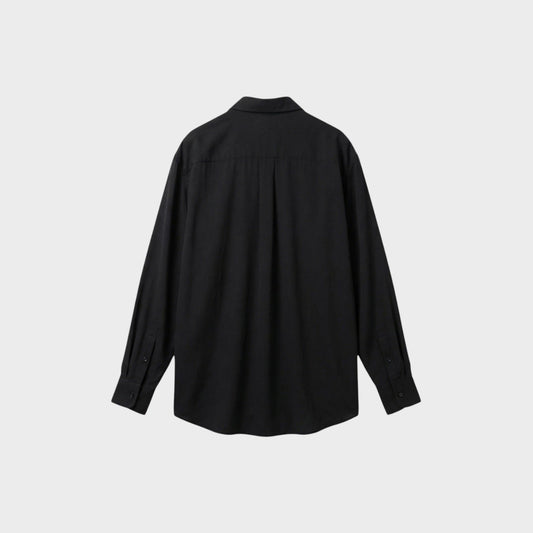 Tasoni black classic long-sleeve button-up shirt with a relaxed fit and subtle pleating on the back.