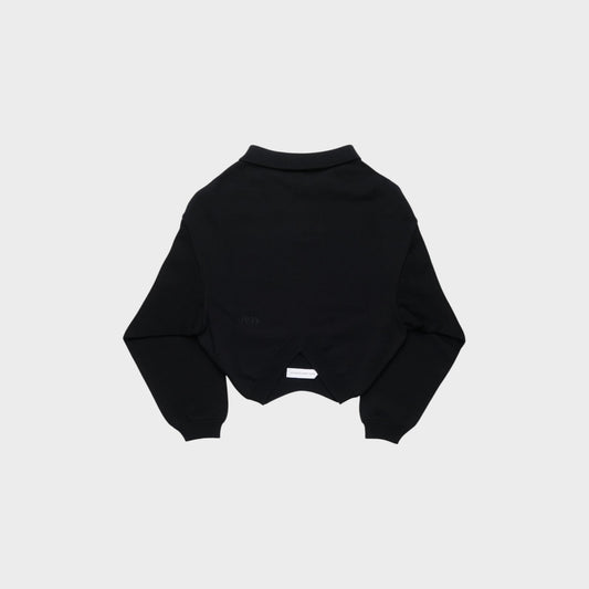 Tasoni black knit polo sweater with a cropped hem and a unique V-shaped back detail.