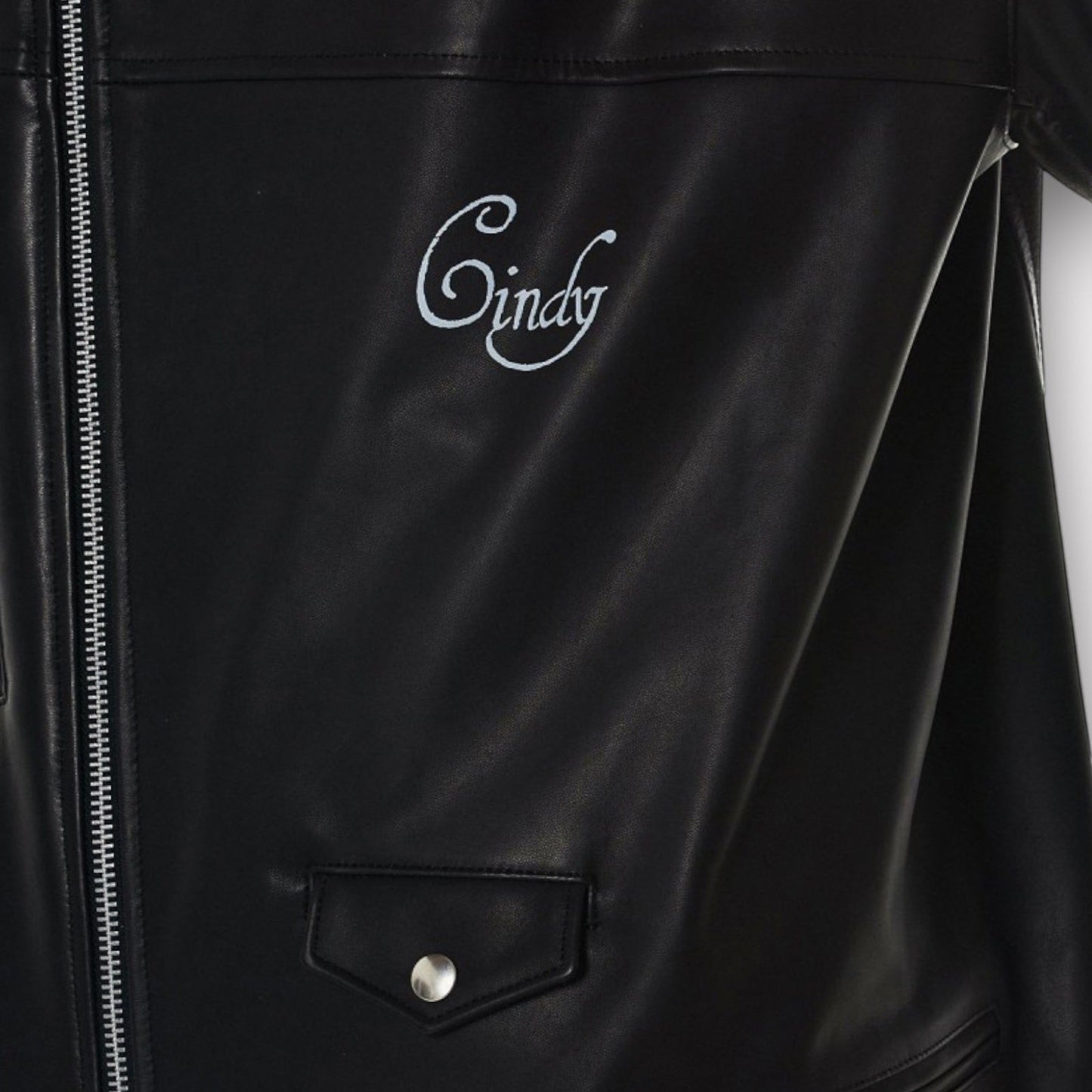 Tasoni black leather blouson coat with embroidered 'Cindy' detail and silver snap pocket.