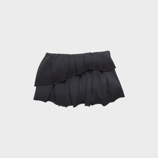 Tasoni black asymmetric pleated mini skirt with ruffled hem and elastic waistband.