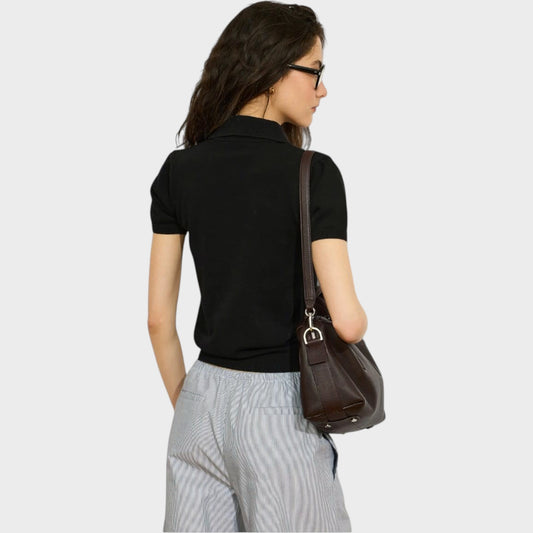 Tasoni AGT Knitwear Lea Lin Cotton & Linen Short Sleeve Polo Sweater in Black