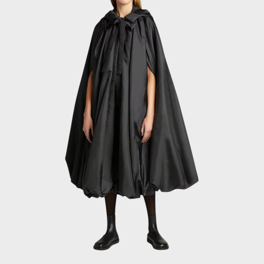 Tasoni black satin quilted tie-fastening hood sleeveless cape jacket with balloon hem