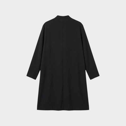 Tasoni black wool asymmetric collarless button up coat with Dracula motive