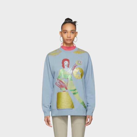 Tasoni light blue cotton knit crewneck sweatshirt with a glittery David Bowie print and gold shoulder details.