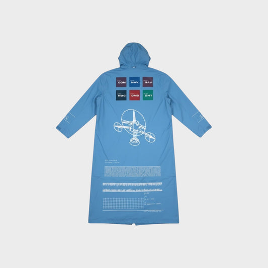 Tasoni sky blue rain parka coat with graphic print and hood. Features text and grid details.