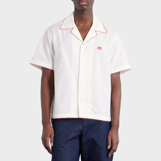 Tasoni Bode Redbud Shirt: White short-sleeve button-up with red contrast stitching and embroidered logo.