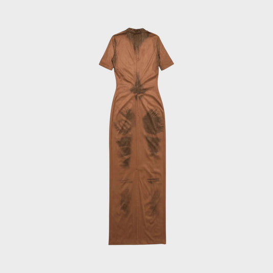 Tasoni TasoniHere is the original image: Acne Studio fitted long dress in cognac brown with trompe-l’œil body print and short sleeves.