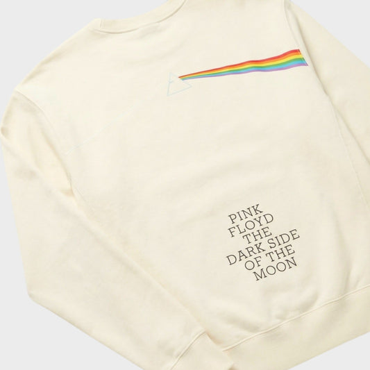 Tasoni cream cotton crew neck sweatshirt with Pink Floyd Dark Side of the Moon prism graphic.