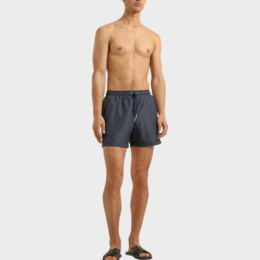 Tasoni men's granite grey boxer III drawcord swim trunks with elastic waistband and adjustable tie. Model is wearing black slides.