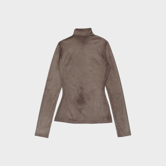Tasoni grey high neck long sleeve top with trompe-l’œil body print, made of soft fabric.