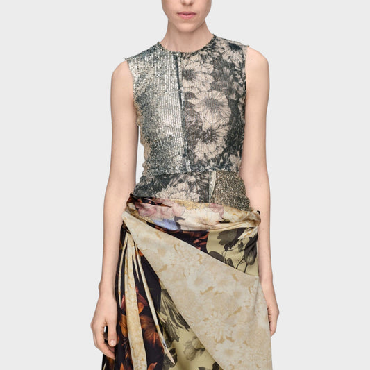 Tasoni grey sequin crew neck sleeveless floral top with a multicolour floral print skirt.