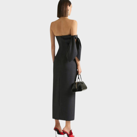 Tasoni Grey wool bustier long dress with bow detail on shoulder, strapless design, and back zipper.
