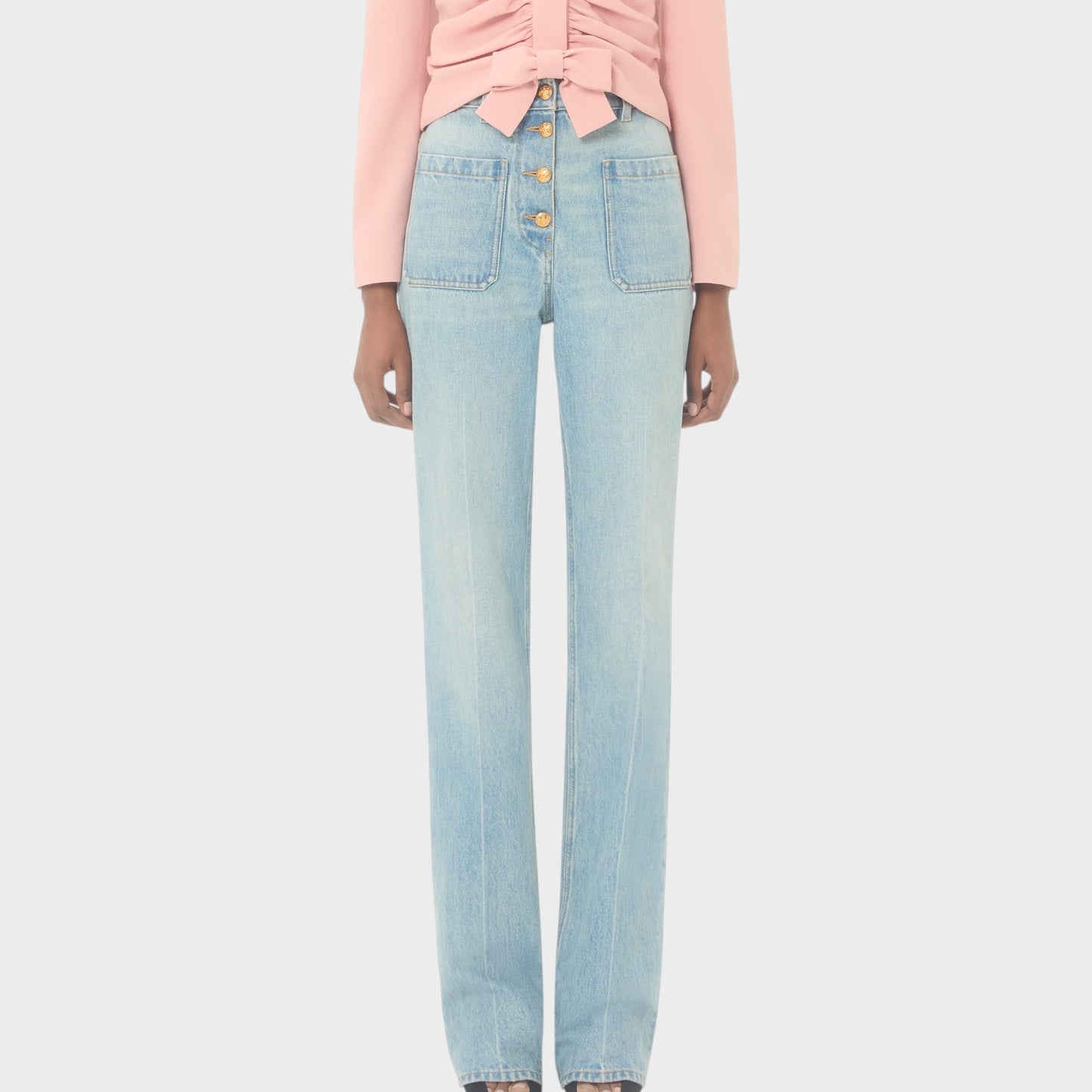 Tasoni light wash denim high-waisted straight-leg jeans with button fly and front pockets.