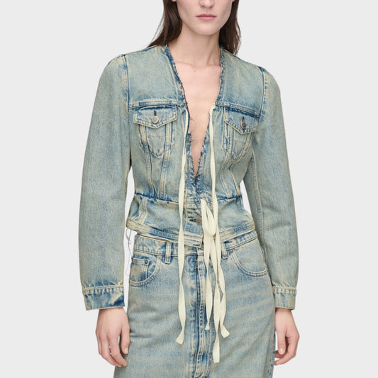 Tasoni Maison Margiela ice blue distressed denim V-neck jacket with lace-up front and frayed edges.
