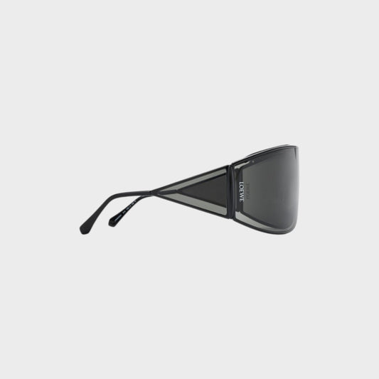 Tasoni Loewe metal shield shaped sunglasses with dark grey lenses and black frames featuring geometric accents.
