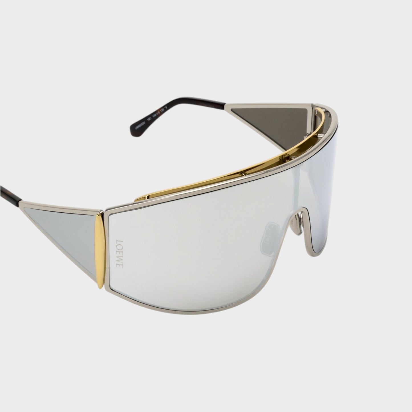 Tasoni Loewe Metal Shield Shaped Sunglasses with silver mirrored lenses and gold accents.