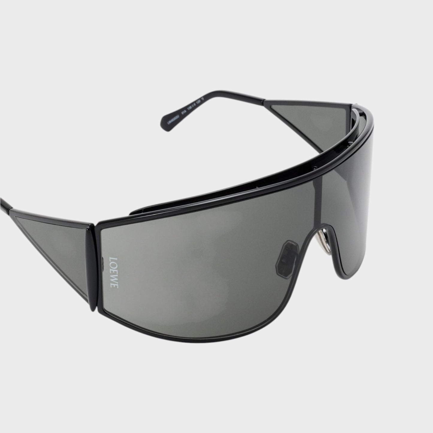 Tasoni Loewe metal shield shaped sunglasses with grey lenses and black frame.