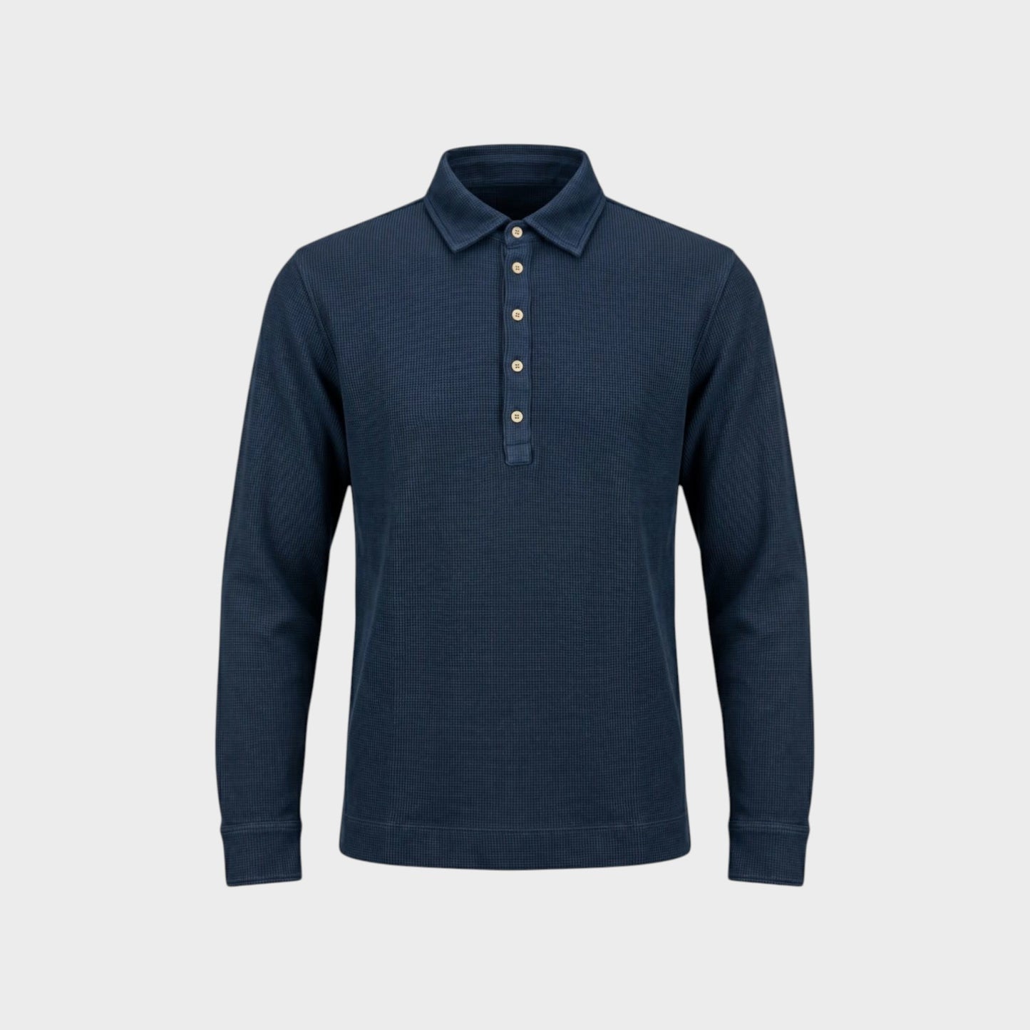 Tasoni Massimo Alba Raya navy blue long-sleeve polo shirt in a textured cotton and cashmere waffle knit fabric.