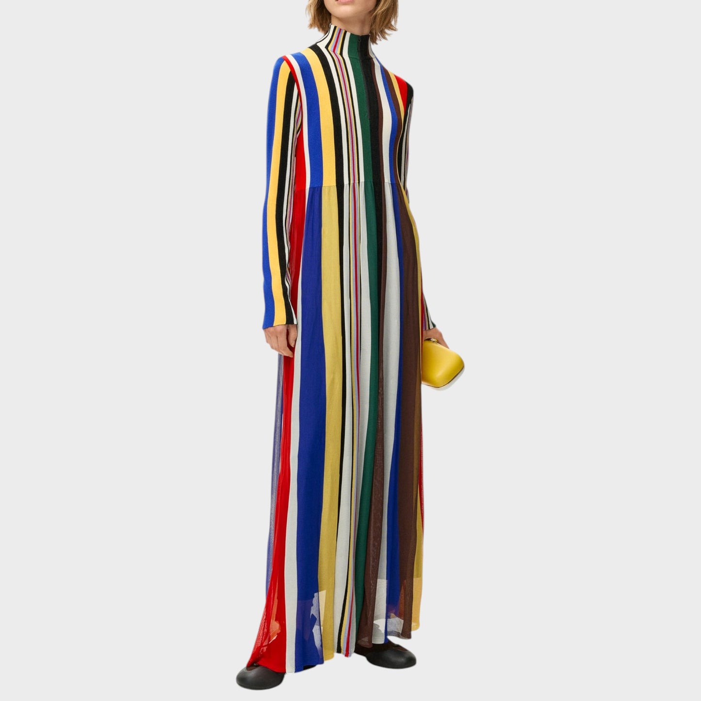 Tasoni multicolor striped high neck long sleeve knit maxi dress with a flowing hem.