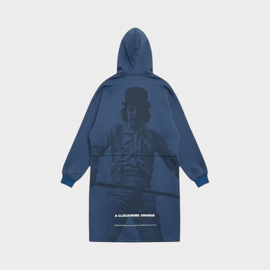 Tasoni navy blue hooded zip-up coat with a large graphic print of a character from A Clockwork Orange on the back.
