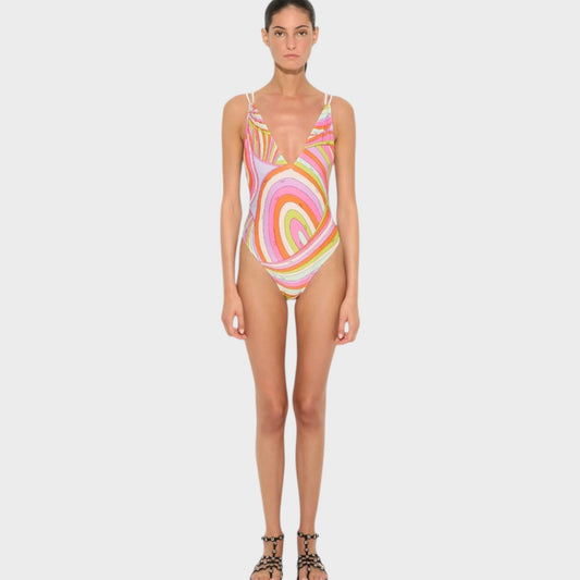 Tasoni Pucci multicolor Iride print V-neck one-piece swimsuit worn by a model against a plain light background.