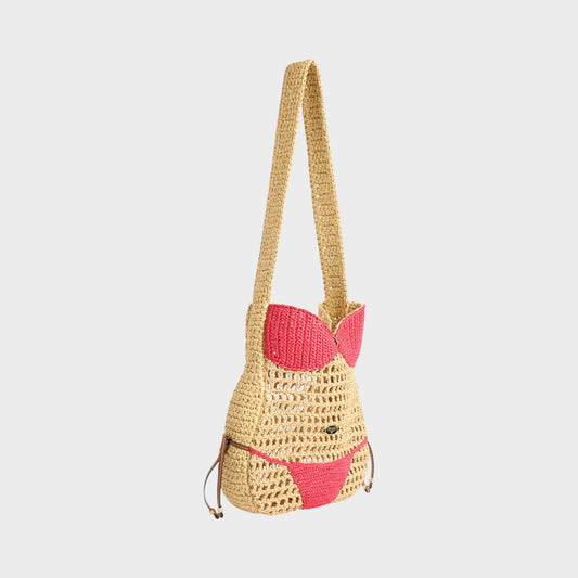 Tasoni Pucci Bag: natural raffia shoulder bag with pink bikini top and bottom details. Adjustable drawstring sides.