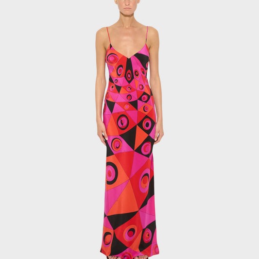 Tasoni Pucci dress in fuchsia, black, and orange silk with a geometric Occhi print and V-neck.