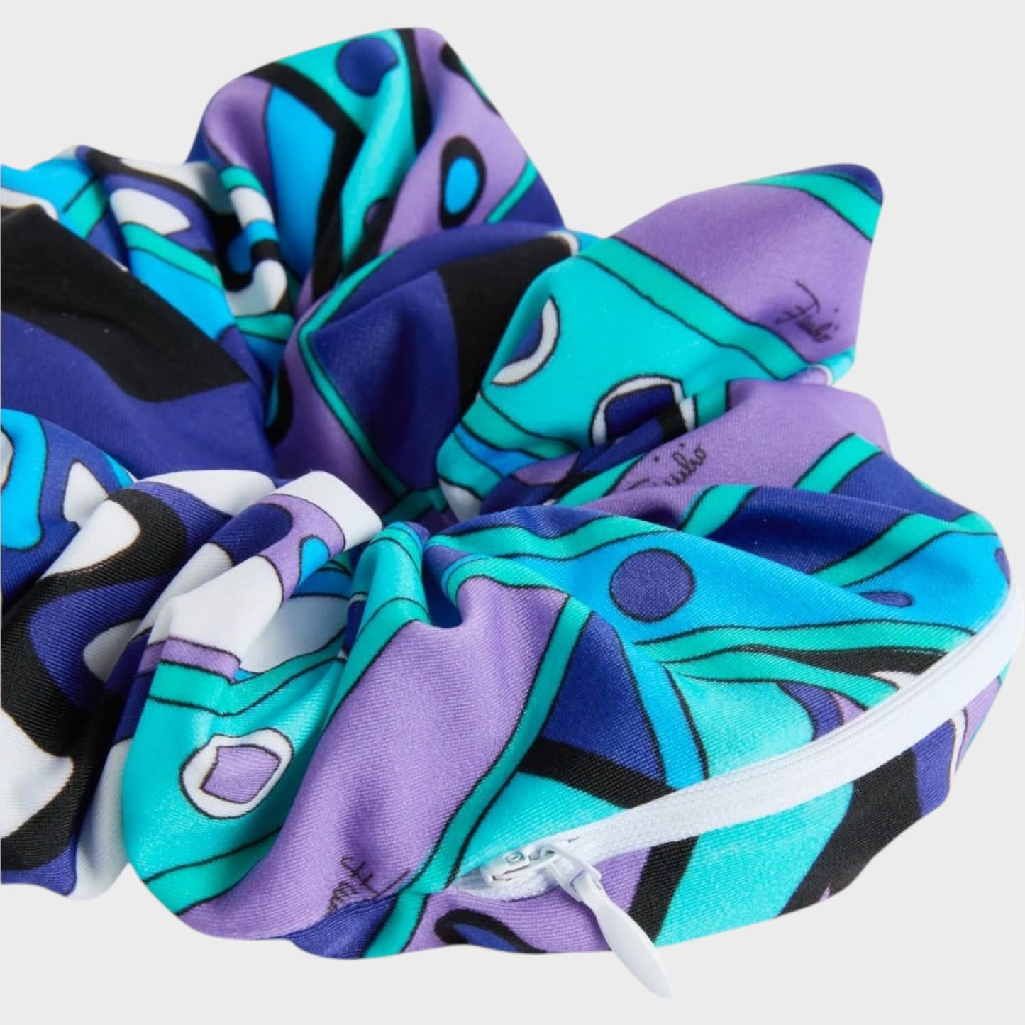 Tasoni Pucci turquoise blue scrunchie with iconic Vivara print and a hidden white zipper compartment.