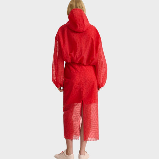 Tasoni red hooded blouson jacket with windflower embroidery and elasticated cuffs
