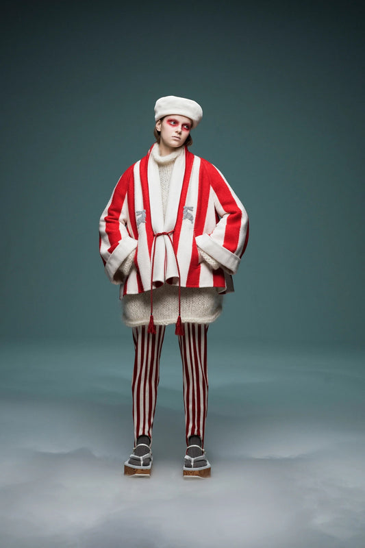 Tasoni red and white striped wool and cashmere coat with rabbit sequin embroidery and tassel tie