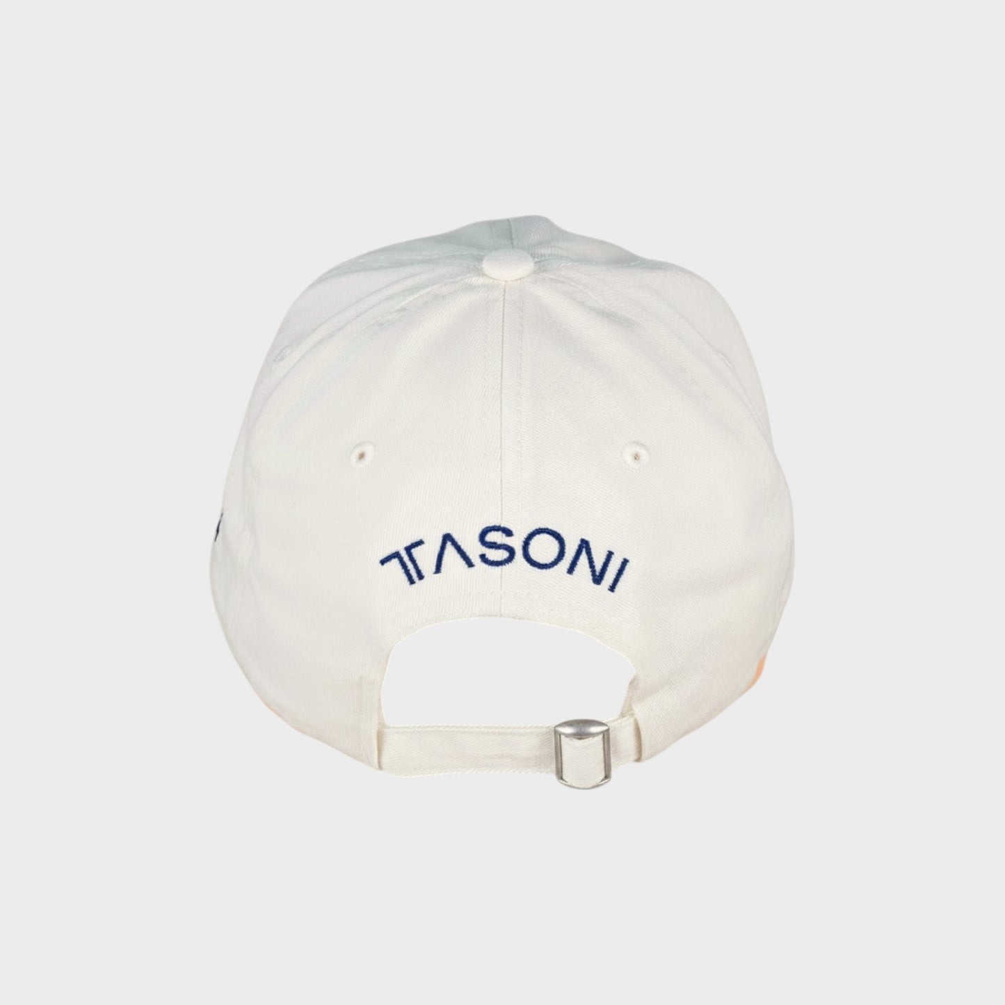 Tasoni white cotton baseball cap with navy blue embroidered logo on back and adjustable strap