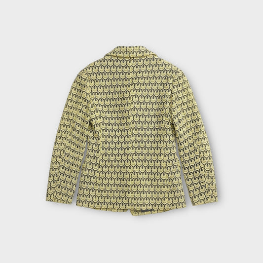 Tasoni yellow and grey patterned lace double-breasted blazer with a notched lapel.