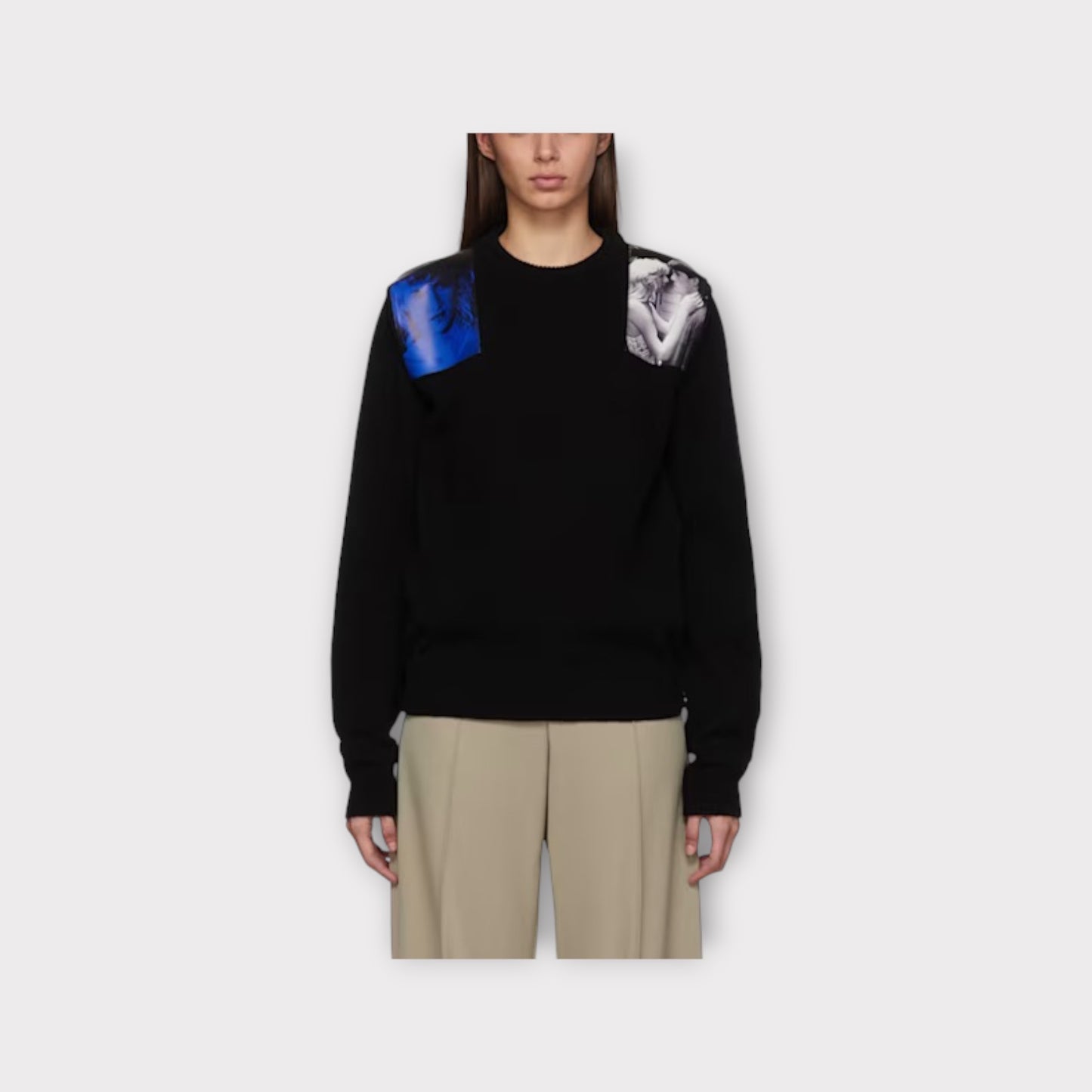 Raf Simons Knitwear, Black, Jersey Cotton Oversized Crew Neck Sweater w/ "Blue Velvet" Print Shoulder Patches