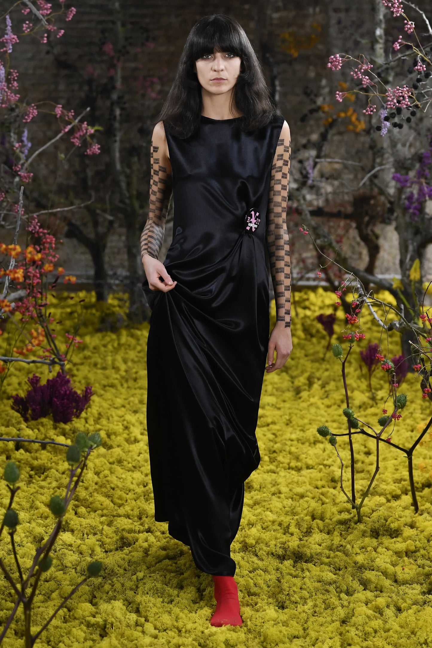 Raf Simons Dress, Black, Satin Crew Neck Sleeveless Draped Waist Long Dress w/ Bow Detail and Badge #20
