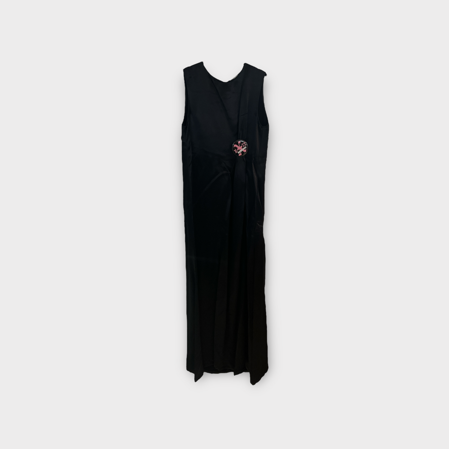 Raf Simons Dress, Black, Satin Crew Neck Sleeveless Draped Waist Long Dress w/ Bow Detail and Badge #20