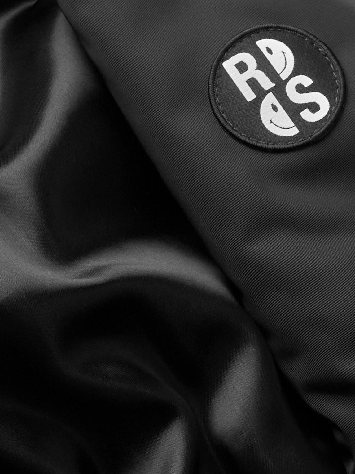 Raf Simons Jacket, Black, RS x Smiley Zip Up Flap Pockets Puffer Bomber w/ Badge & Smiley Print