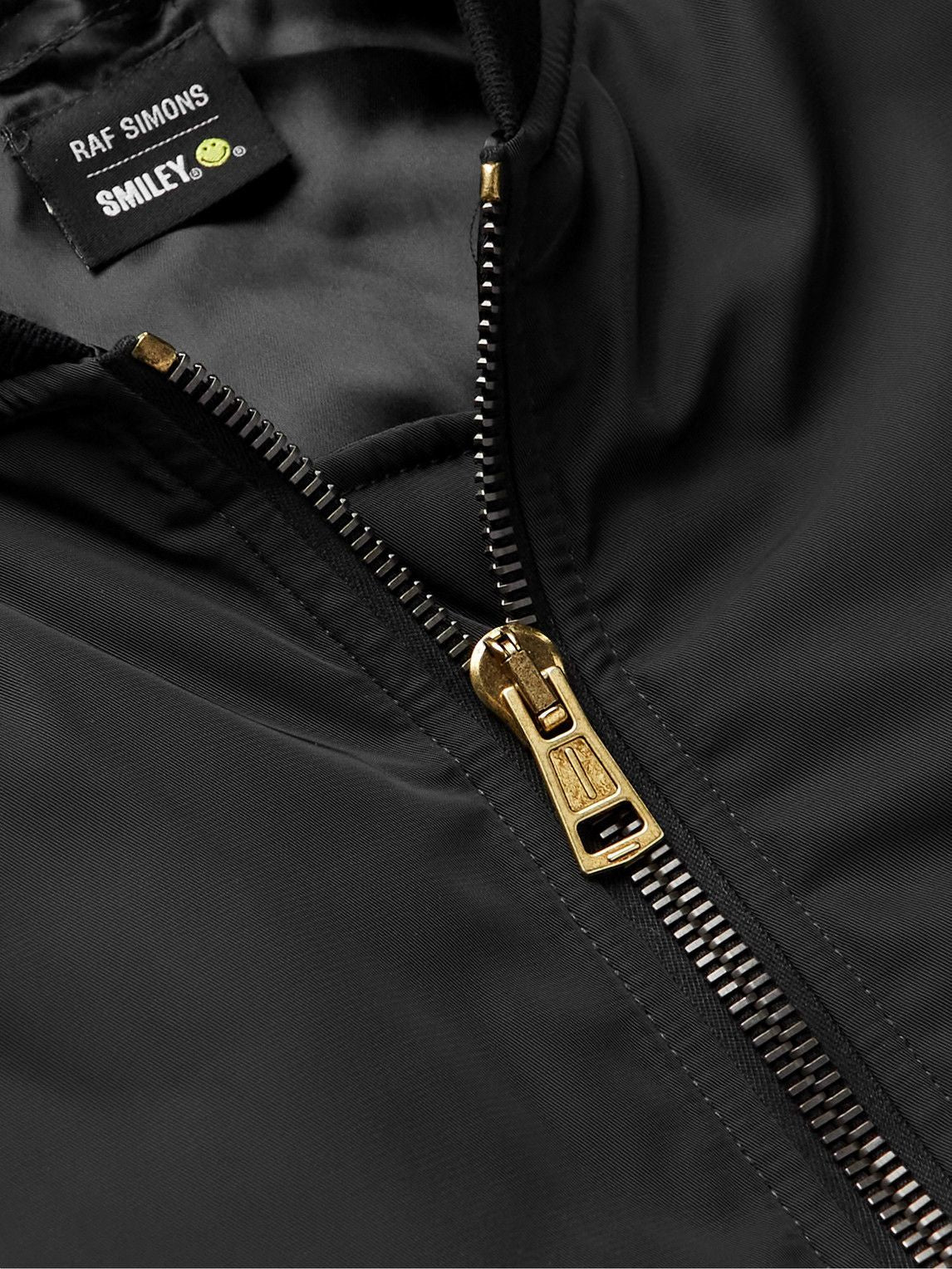 Raf Simons Jacket, Black, RS x Smiley Zip Up Flap Pockets Puffer Bomber w/ Badge & Smiley Print