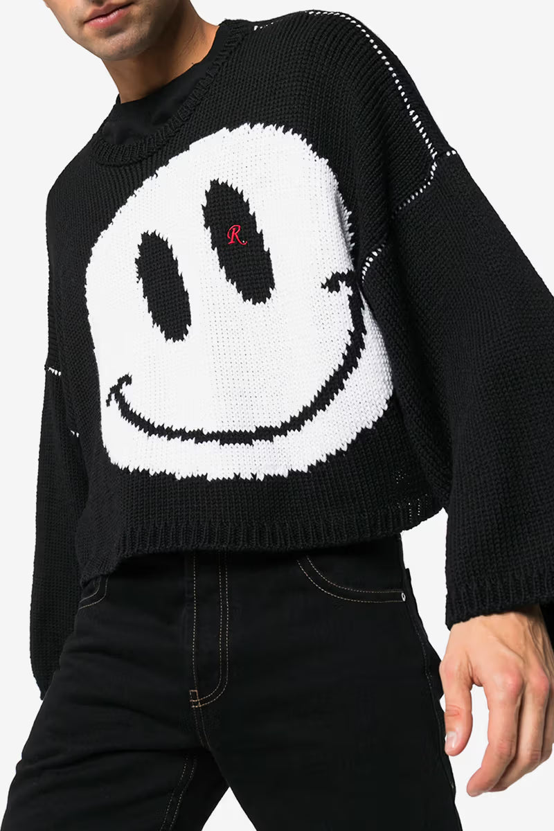 Raf Simons Knitwear, Multi, Virgin Wool Oversized Crew Neck Cropped Sweater in Black and White w/ Smiley Jacquard