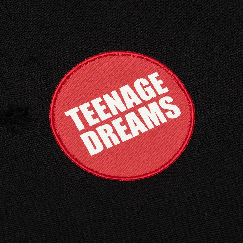 Raf Simons Sweatshirt, Black, Cotton Destroyed Oversized Zip Up Hoodie w/ "Teenage Dreams" Patch and Print