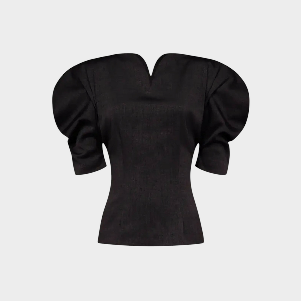 Tasoni Destree Janet black textured top with a notched neckline and voluminous puff sleeves in a fitted silhouette.