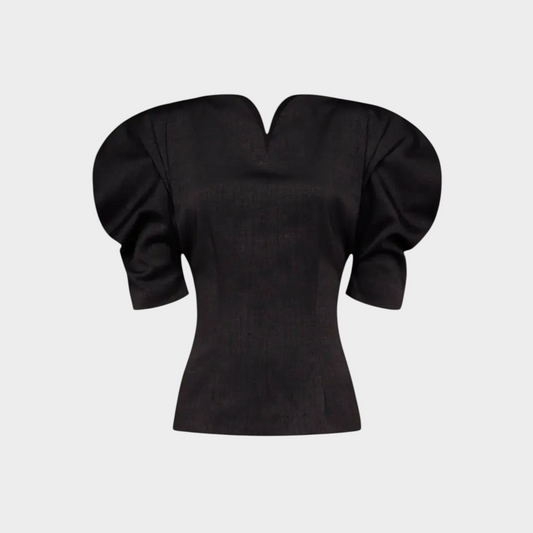 Tasoni Destree Janet black textured top with a notched neckline and voluminous puff sleeves in a fitted silhouette.