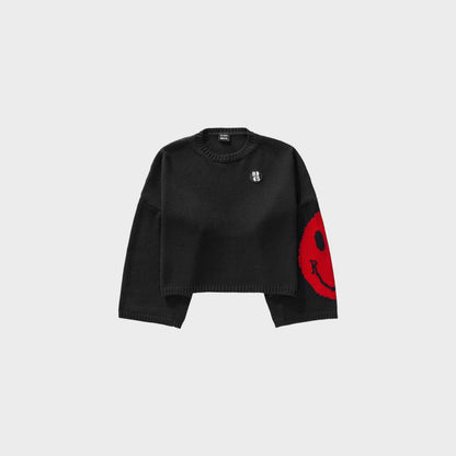 Raf Simons Knitwear, Multi, RS x Smiley Virgin Wool Crew Neck Cropped Sweater in Black w/ Red Smiley Jacquard Sleeve