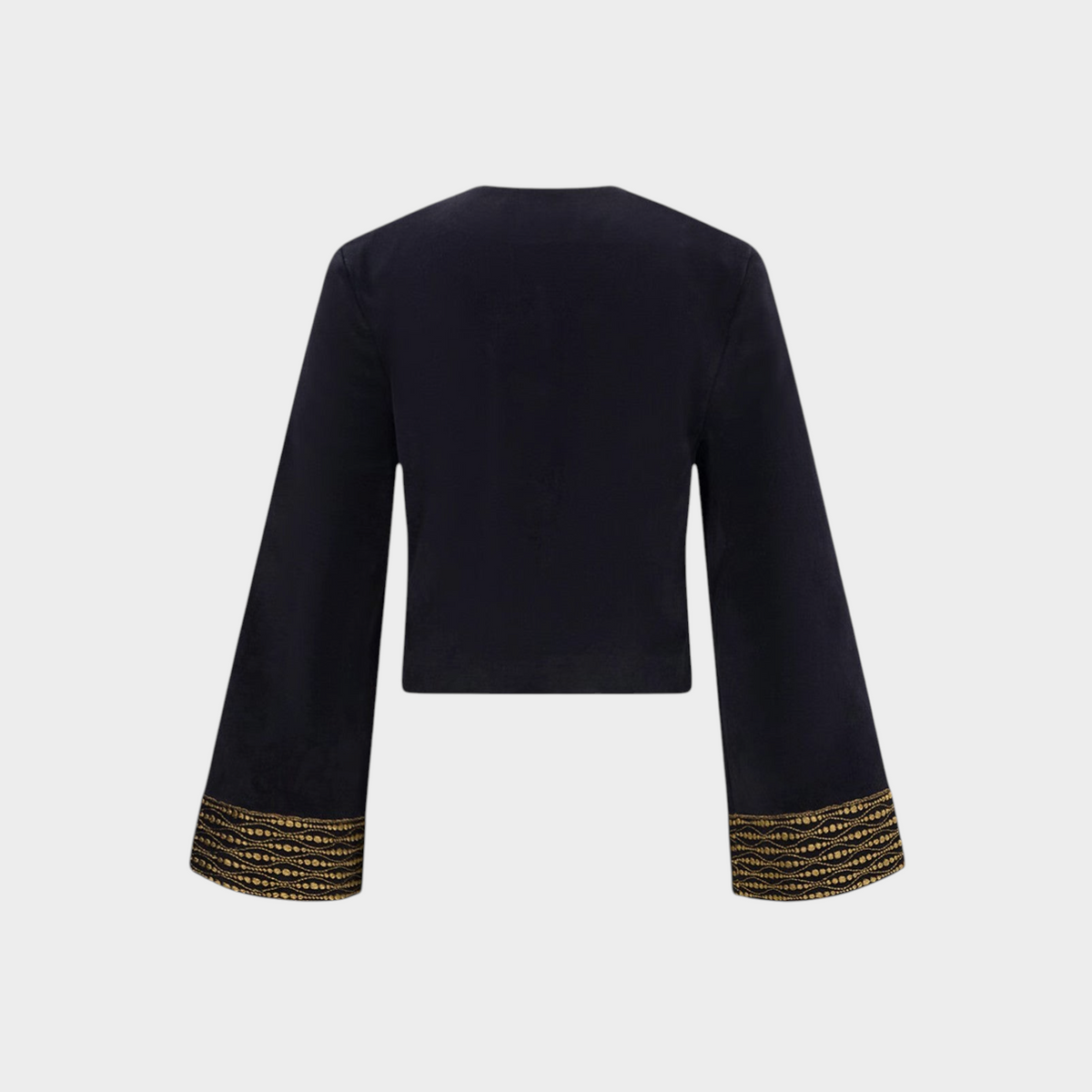 Tasoni Destree black velvet jacket with long sleeves and intricate gold lace trim detail on the cuffs, back view.
