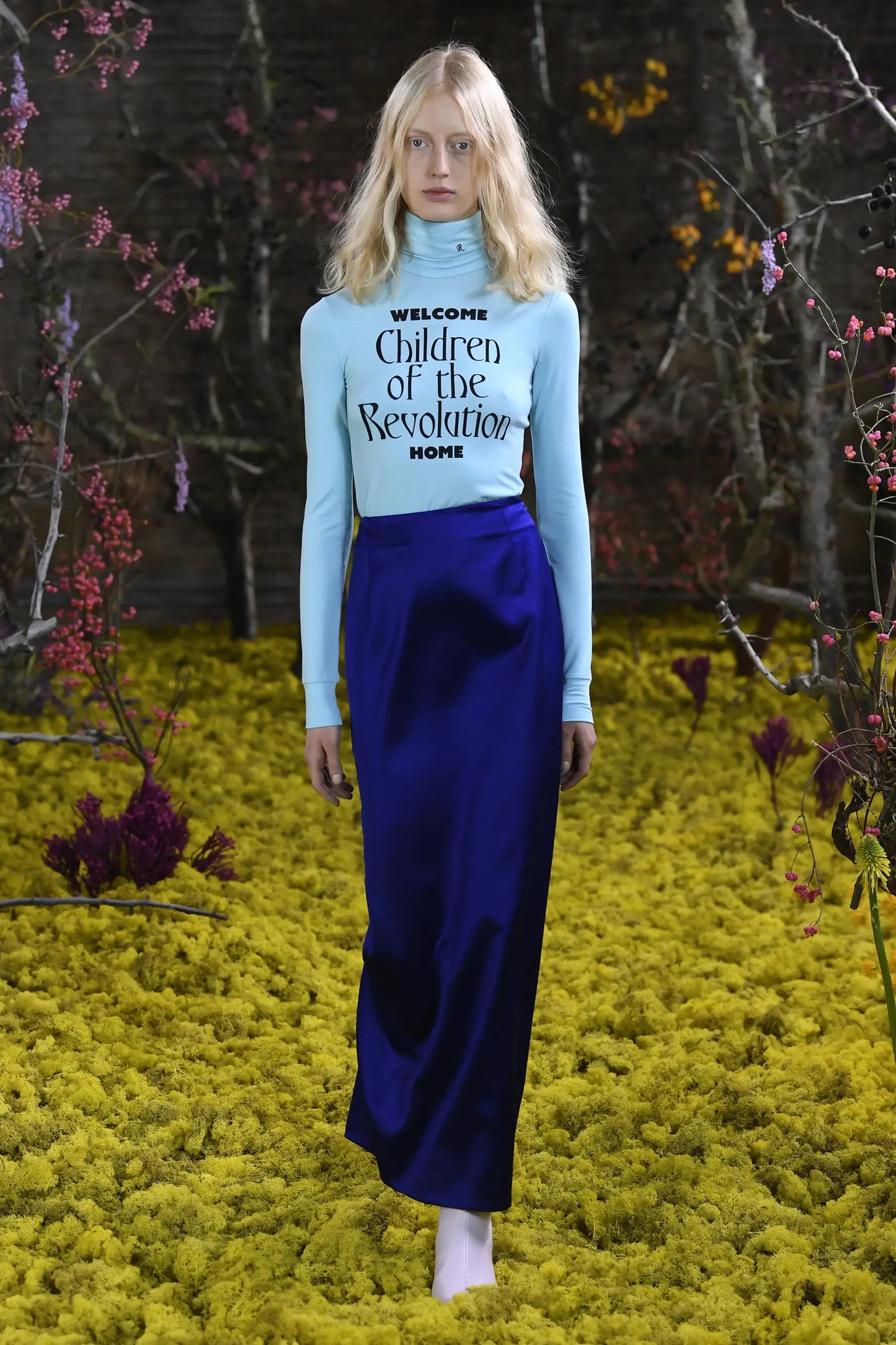 Raf Simons Top, Print, Jersey Turtle Neck Long Sleeve Pullover in Blue w/ Black "Children of the Revolution" Print #12 21-2 XS