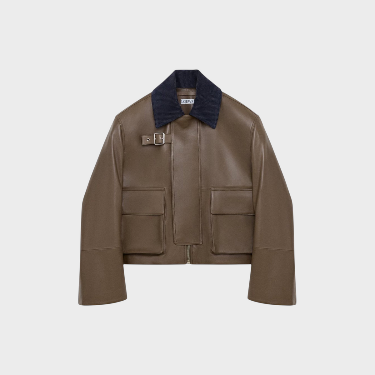 Tasoni Loewe khaki nappa leather short parka with a contrasting navy blue ribbed collar and front buckle detail.